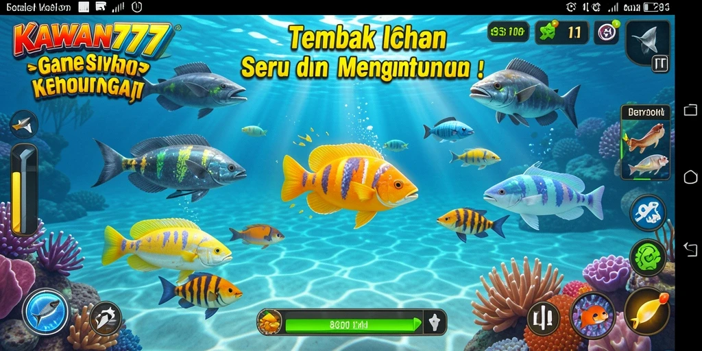 Tampilan gameplay seru dalam KAWAN777 saat menembak ikan.
