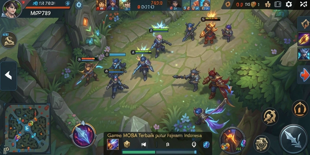Screenshot utama MVP789 menampilkan pertempuran MOBA yang intens dan strategi tim.